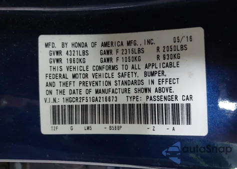 2016 Honda Accord Sport z USA, uszkodzony, nr VIN 1HGCR2F51GA216673